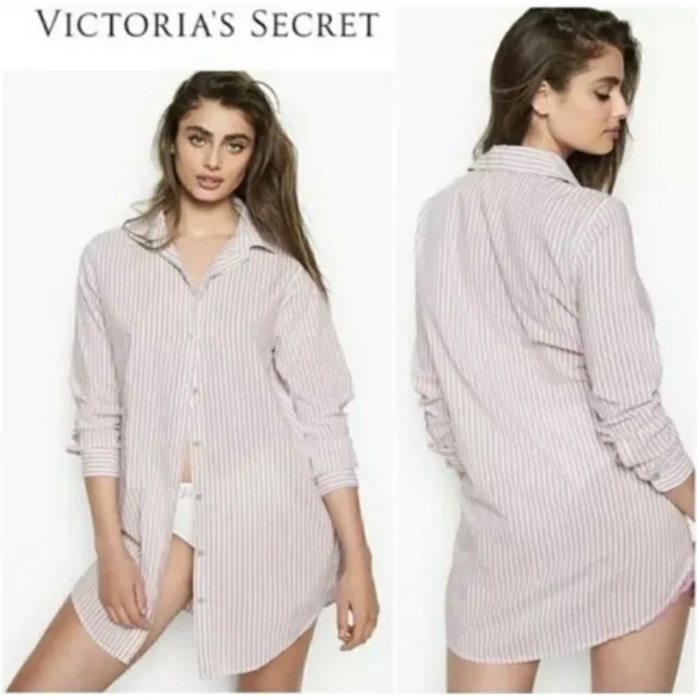 Victoria’s Secret Striped Long Sleeve Button Down Pajama Top White Pink X-Large